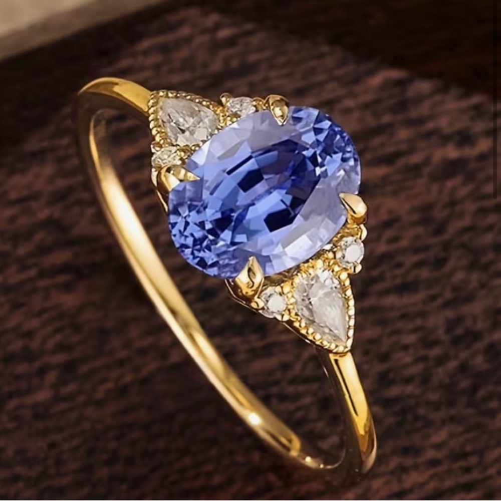 14 k Gold Plated Ring with Oval Blue synthetic Zircon Stone size 7